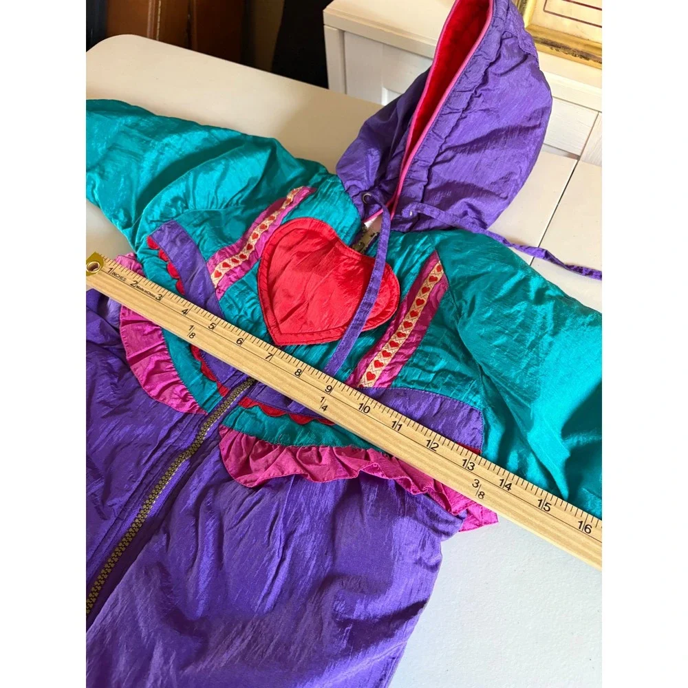 Vintage‎ Kids Purple Teal Heart Ruffle Hooded Snowsuit Bunting with Mittens 80s